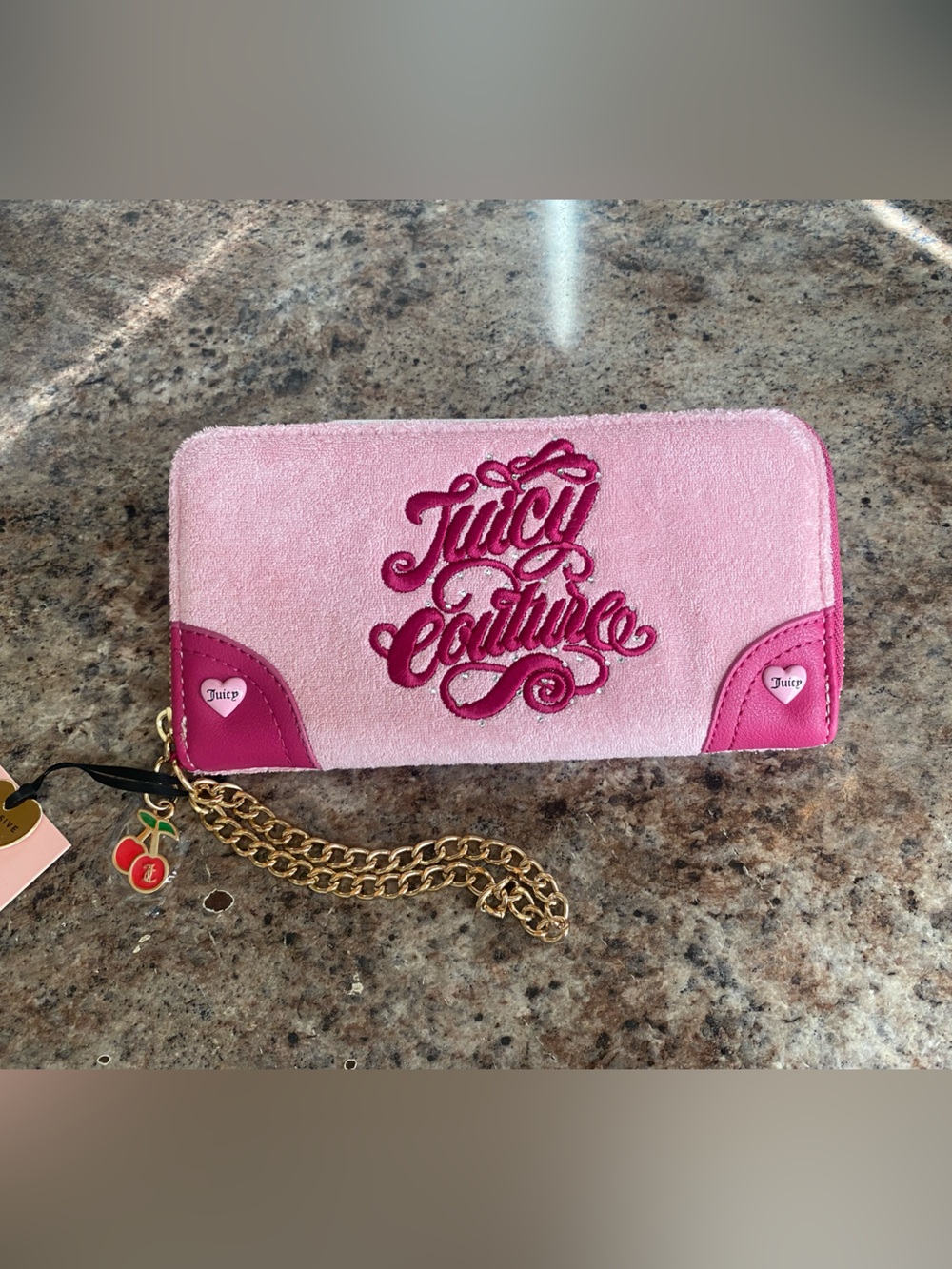 NWT Juicy Couture Large Zip Around Wallet Wristlet Pink Velour Cherry Charm